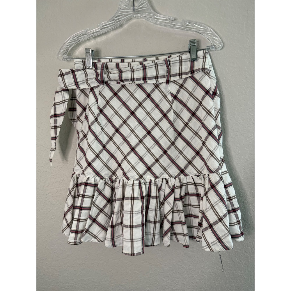 Veronica Beard Red Plaid Ruffle Faux Wrap Mini Skirt SZ 4 White Flirty Feminine - Picture 8 of 11